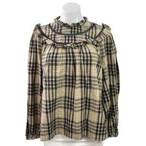Tu Clothing Women's Beige Plaid Flannel Long Sleeve Ruffle Blouse Top Size 16